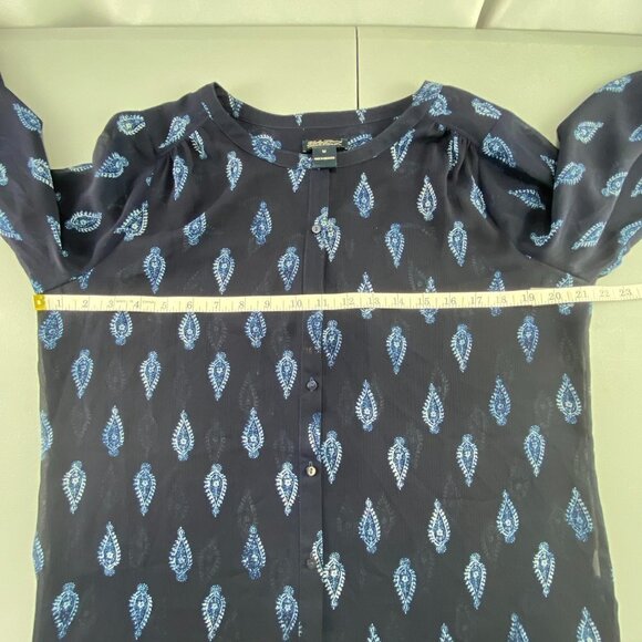 Lucky Brand Indigo Navy Blue Paisley Print BOHO LS Sheer Button Up Blouse Top, M - Picture 5 of 10